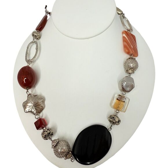 Glass Beaded Long Necklace 33" Silver Tone Boho Chic Bohemian - Picture 2 of 9